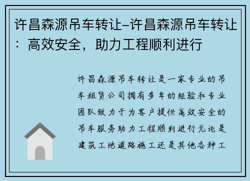 许昌森源吊车转让-许昌森源吊车转让:高效安全,助力工程顺利进行