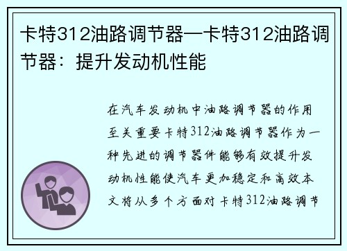 卡特312油路调节器—卡特312油路调节器：提升发动机性能