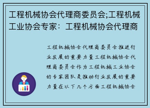 工程机械协会代理商委员会;工程机械工业协会专家：工程机械协会代理商委员会：推进行业发展的重要力量