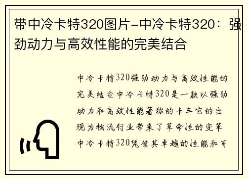 带中冷卡特320图片-中冷卡特320：强劲动力与高效性能的完美结合